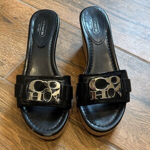 Coach “Jen” Black Patent Leather Slide Mules with Silver Logo Accent